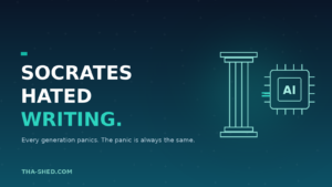 Greek column beside an AI chip: Socrates hated writing, every generation panics about new technology